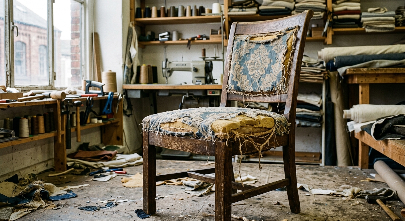 Dining chair before reupholstery, worn and torn fabric