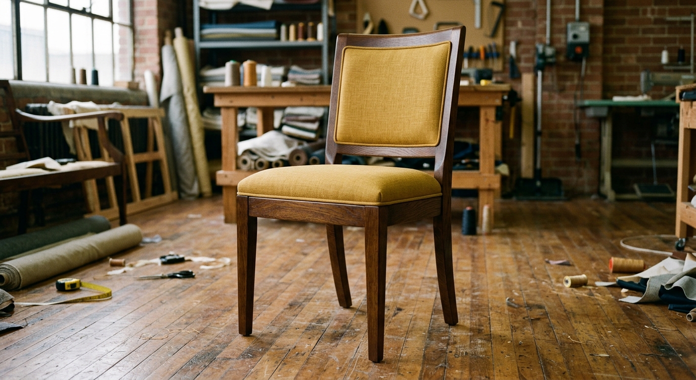 Same dining chair after reupholstery, finished in new fabric